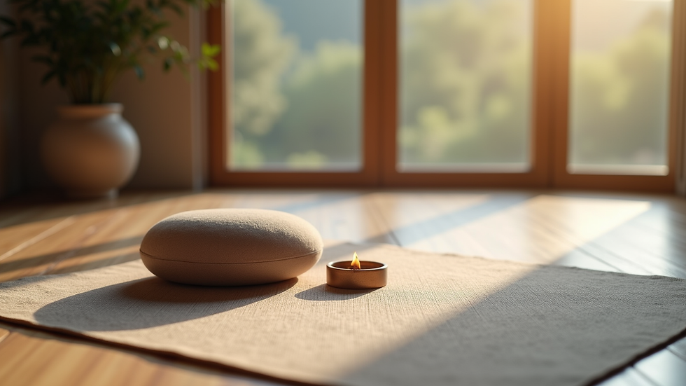 Close-up view of a yoga mat with a meditation cushion and incense in a serene studio corner