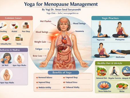 Yoga for menopause management infographic featuring Yogi Dr. Aman Sood Suryavanshi of Yoga Clinic Sofia. Image highlights common causes such as smoking, alcohol, poor sleep, unhealthy diet, and stress. Menopause symptoms include hot flashes, mood swings, weight gain, fatigue, and bone loss. Yogic practices shown include yogasanas, pranayama, and meditation, along with Shatkarma techniques like Jal Neti and mudras such as Apan Vayu Mudra. Benefits of yoga for menopause include hormonal balance, improved sleep, reduced stress, enhanced vitality, and relaxation. Healthy lifestyle recommendations include balanced diet, regular exercise, and adequate sleep.