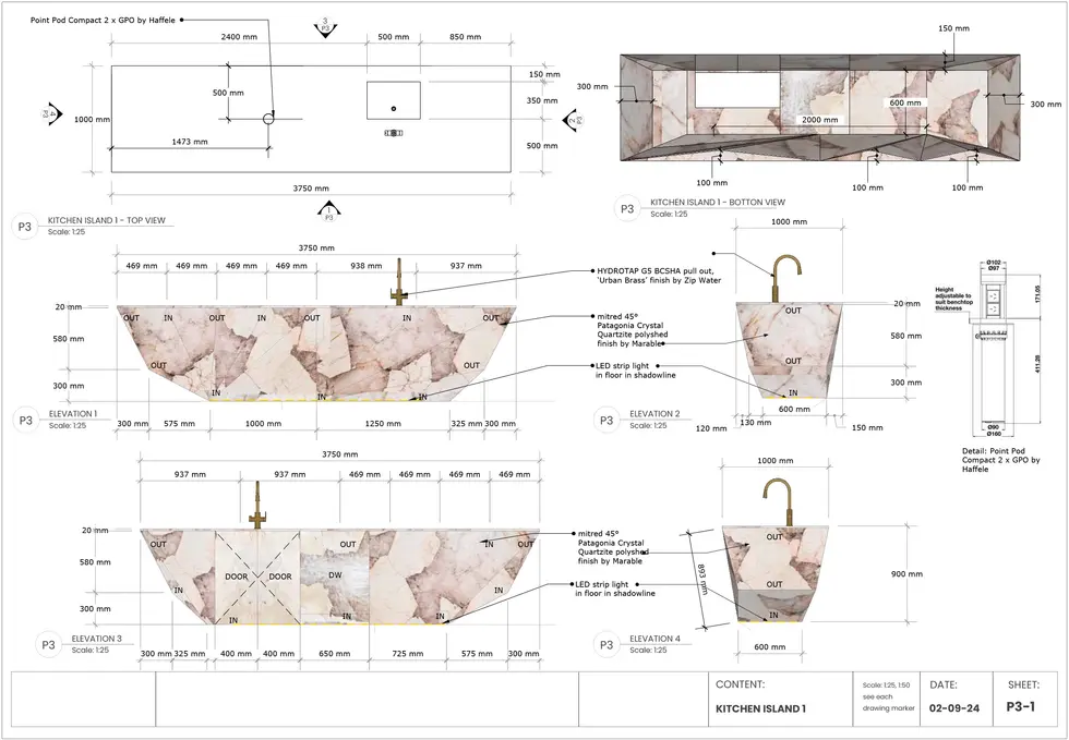Technical drawings of a sculptural stone kitchen island with dimensions and lighting details.