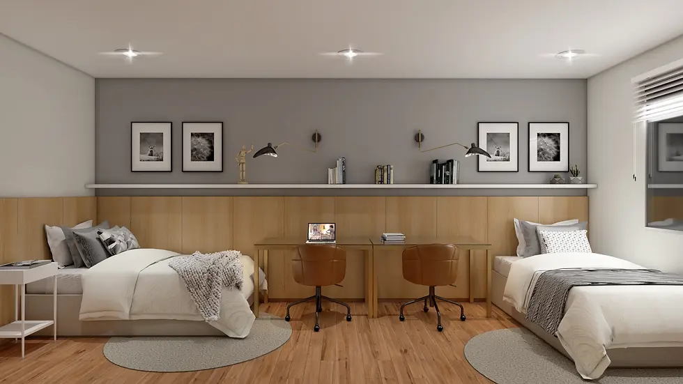 irbnb bedroom design with twin beds, custom wood panel headboard, integrated desks, and wall-mounted lights, combining functionality and modern style.