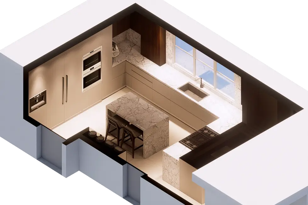 Isometric render of modern kitchen with U layout and marble surfaces.