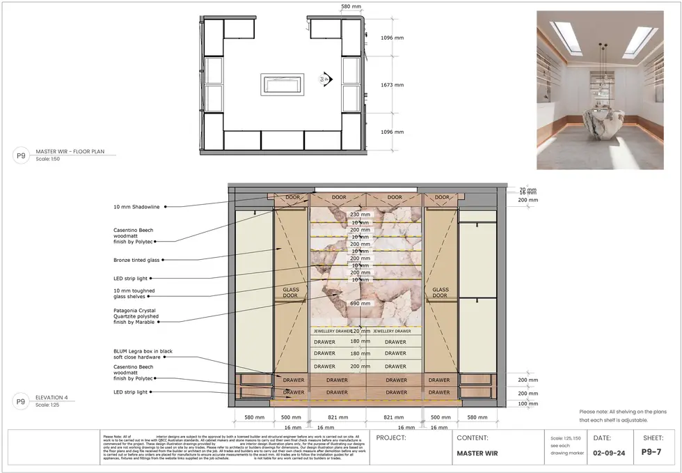 Technical elevation showing mix of glass, marble, and timber in the walk-in robe.