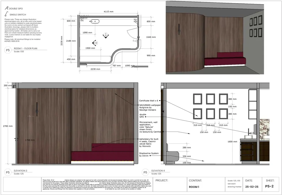 echnical elevation showing curved timber wall and built-in seating for the Clinic.