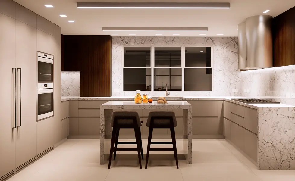 Night render of modern kitchen with integrated lighting and warm ambiance.
