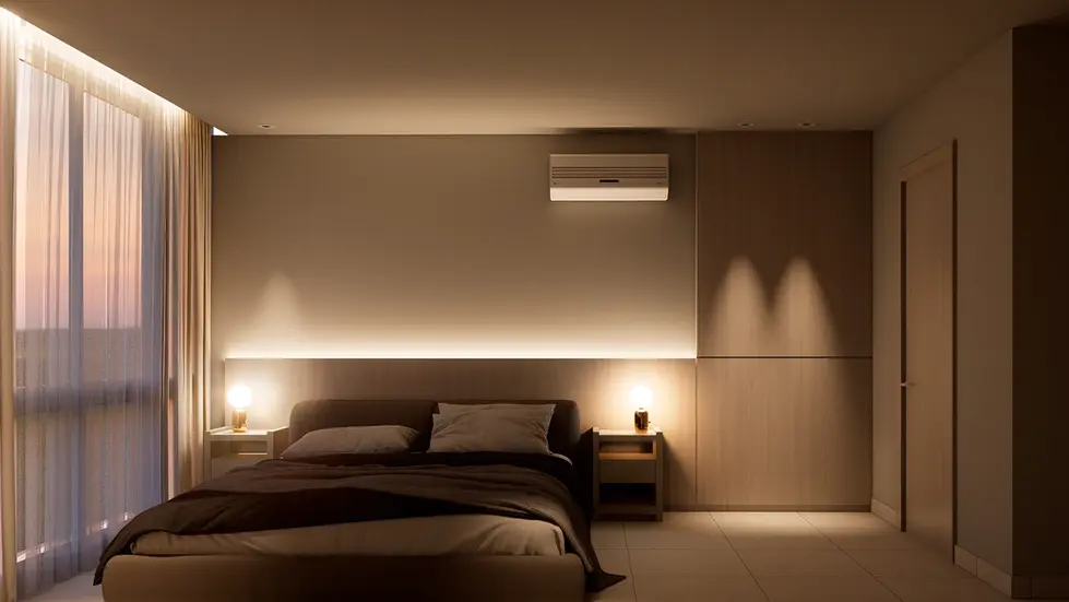 Modern bedroom at night with soft lighting, backlit headboard and bedside lamps.