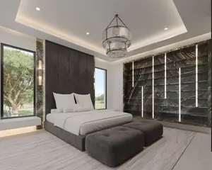 Render of the bedroom with dark headboard, LED lighting and Nero Marquina marble wall.