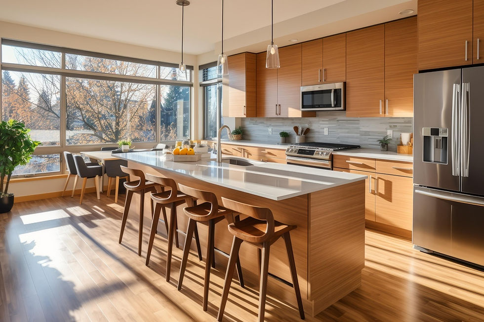cocina con isla de madera y encimera clara