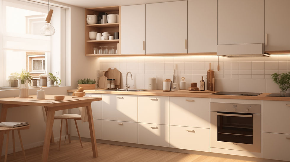 cocina japandi pequeña con almacenaje integrado