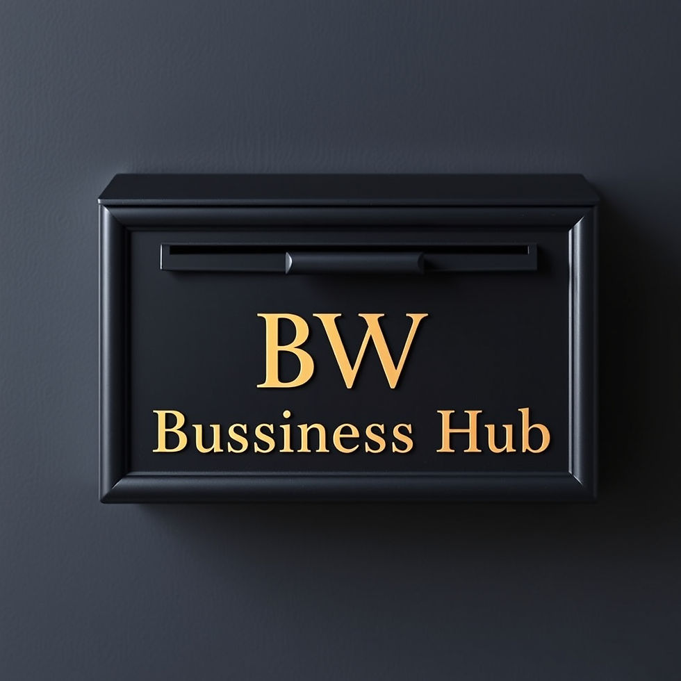 create a black rectangle mailbox that hangs on a wall with the wording BW Business Hub lu