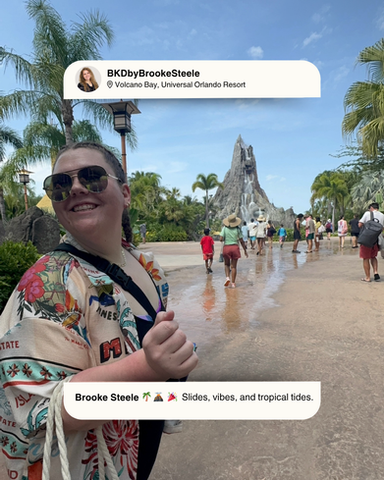 “Brooke Steele at Universal Orlando’s Islands of Adventure, riding the VelociCoaster — a high‑speed thrill ride that defines Central Florida theme park experiences.