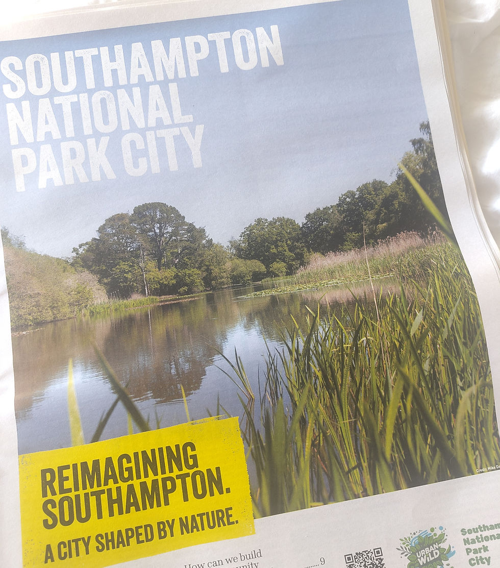 Picture of a green space on a newspaper with the text 'Southampton National Park City - Reimagining Southampton, A City Shaped By Nature'
