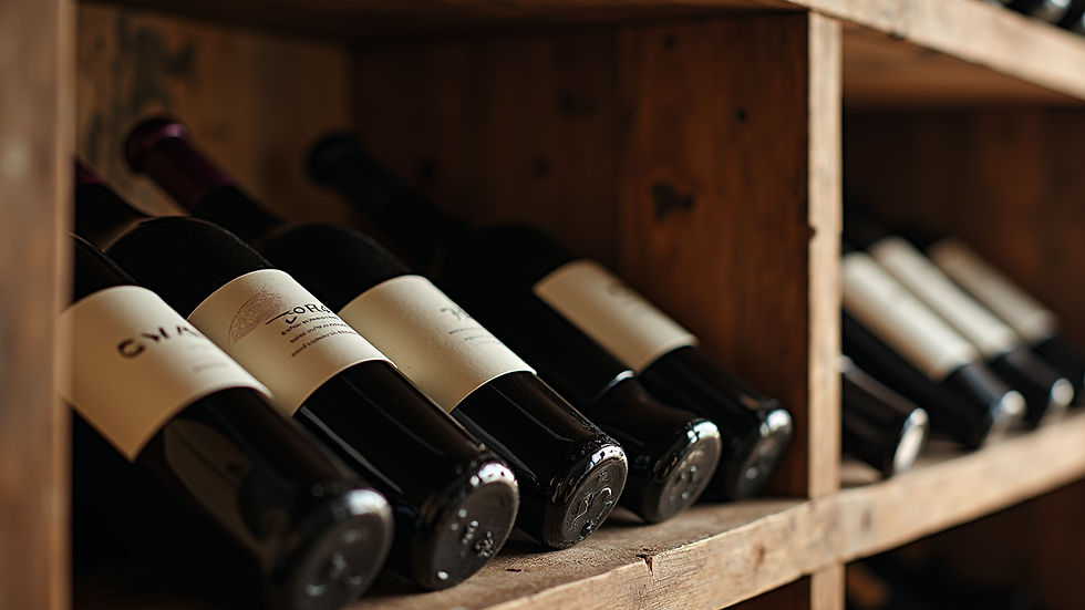close-up view of wine bottles arranged on a rustic wooden shelf