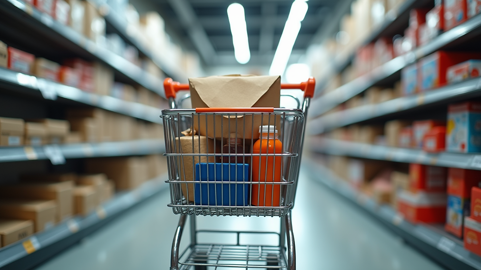 Eye-level view of a shopping cart filled with various online shopping items