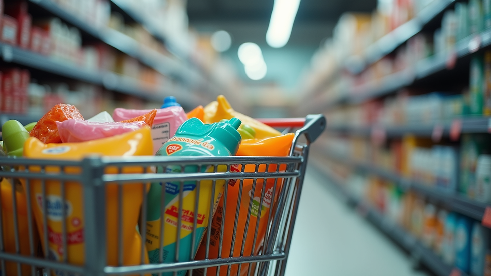 Close-up view of a shopping cart filled with colorful products