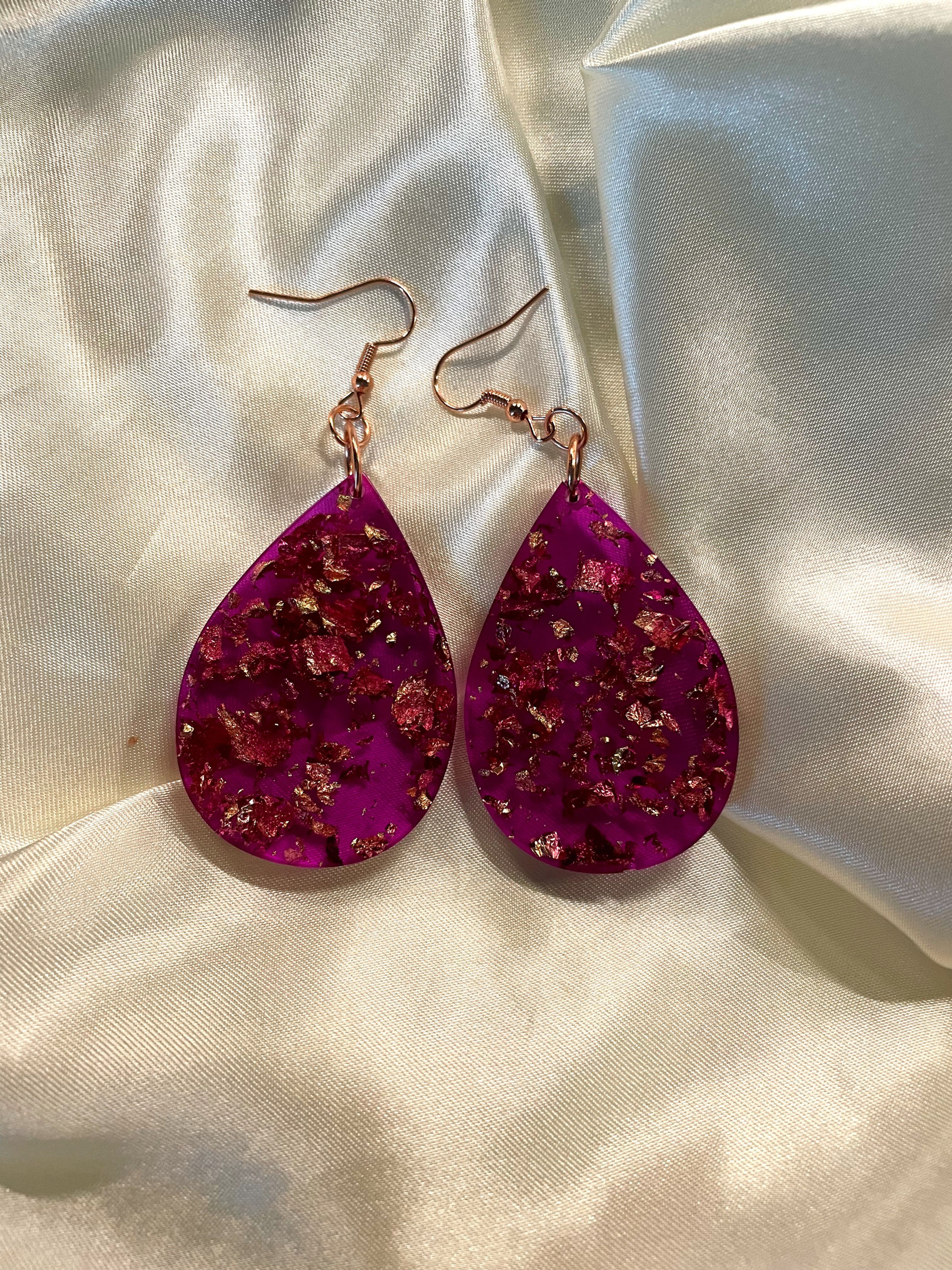 Fuchsia teardrop copper dangle earrings