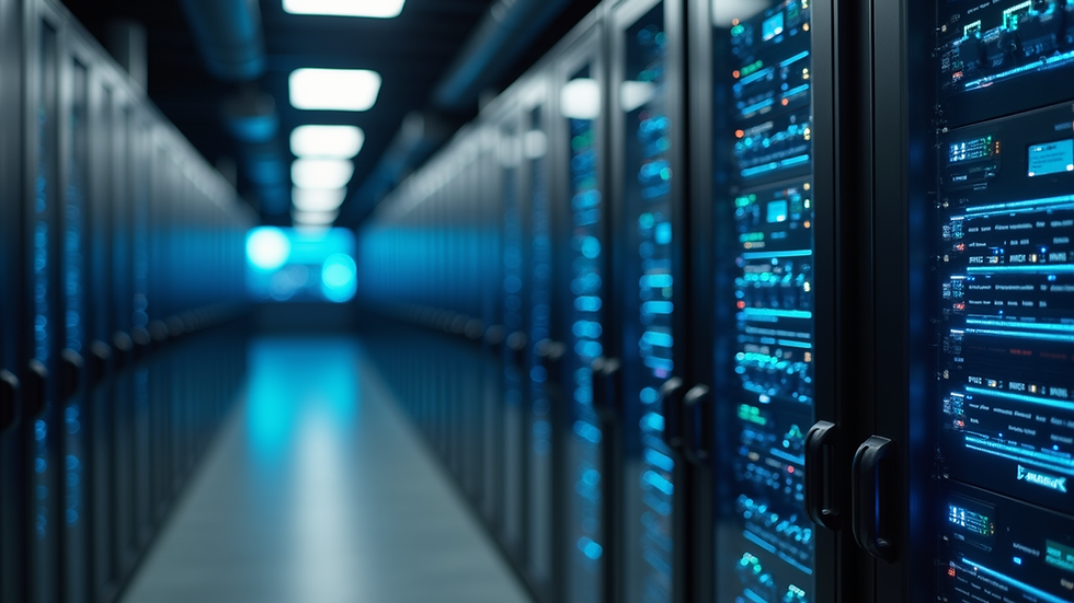 Close-up view of a modern server room with advanced technology