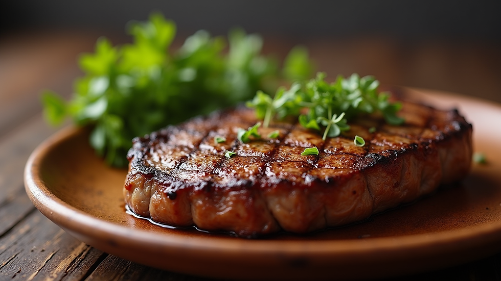 Close-up view of a beautifully grilled steak on a wooden plate