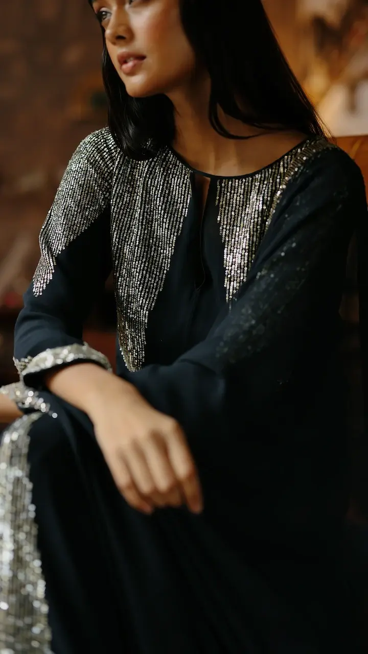 Black Georgette Art Deco Choga Set