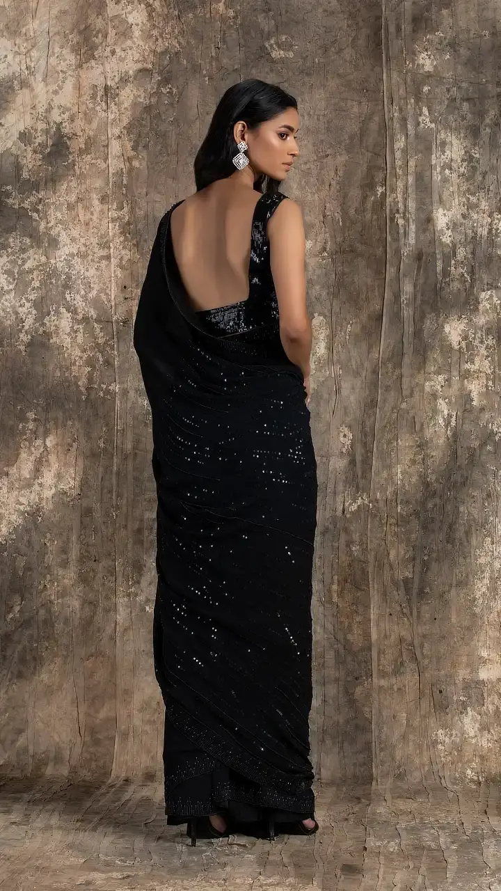 Black Georgette Barq Saree Set