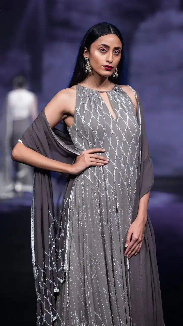 Thumbnail: Cool Grey Georgette Barq Choga | Close Up View | House of Kotwara