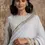 Lilac Grey Georgette Art Deco Saree with High Neck Full Sleeve Blouse | Close Up | House of Kotwara