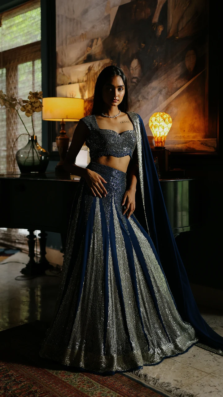 Royal Blue Georgette Art Deco Lehenga Set