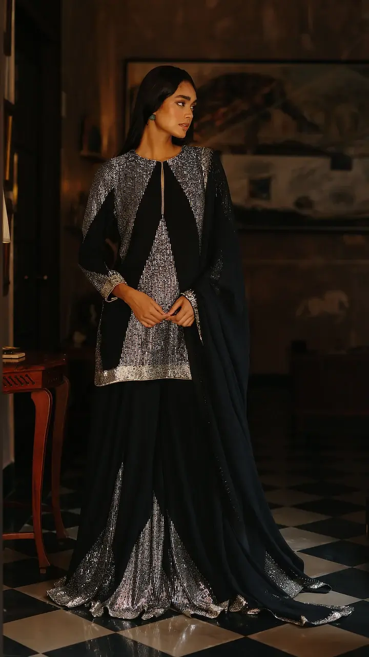 Black Georgette Art Deco Kurti Sharara Set