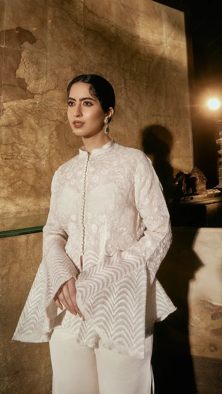 Ivory Organza Chikankari Peplum Jacket