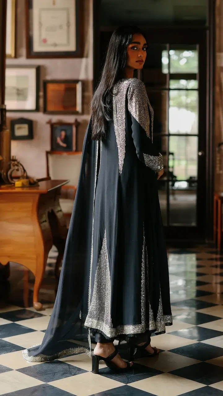 Black Georgette Art Deco Choga Set