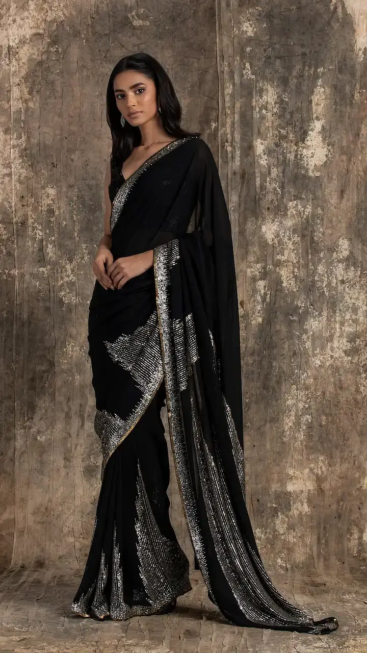 Black Georgette Art Deco Saree with V Neck Sleeveless Blouse | Front View | House of Kotwara
