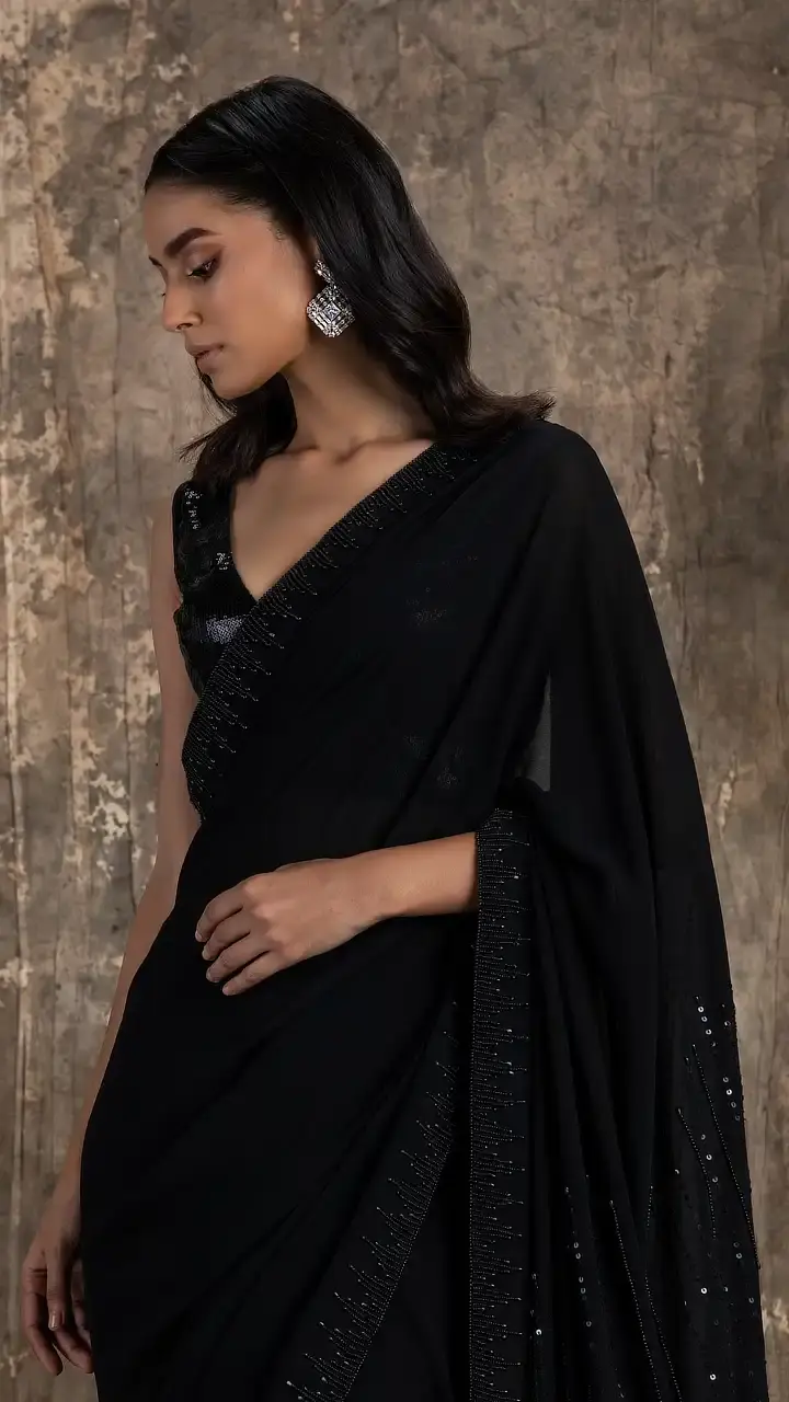 Black Georgette Barq Saree Set