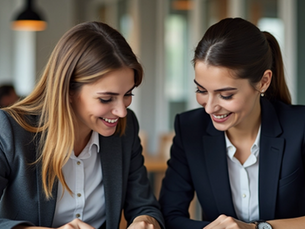 A senior employee mentoring a junior colleague in a modern office, symbolizing internal talent development and career growth
