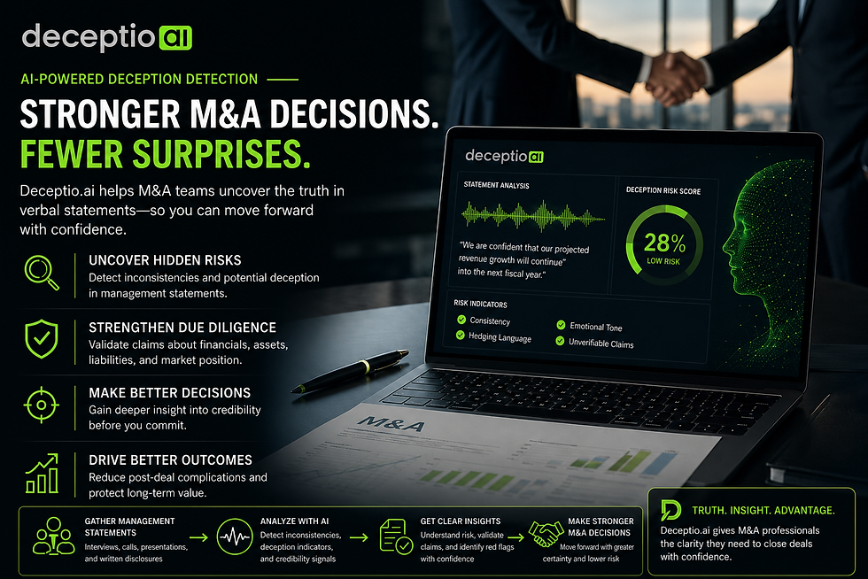 Learn how AI-powered deception detection strengthens M&A due diligence by identifying inconsistencies, validating management claims, and uncovering hidden risks before deals close.