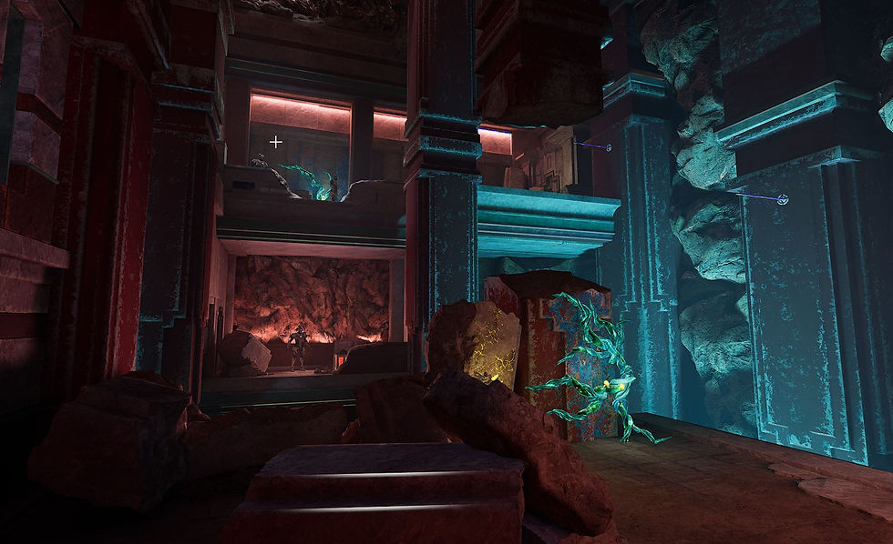 As the player progresses, enemies spawn at multiple different heights. The player can engage here from cover from below, or use grapple bars on the right to move higher up the room.