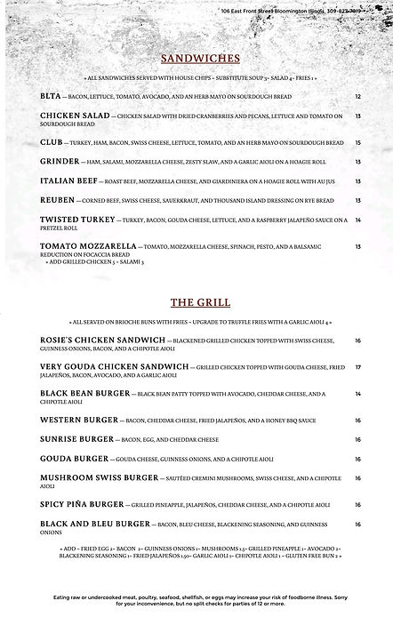 Rosies Lunch Menu Summer 2025