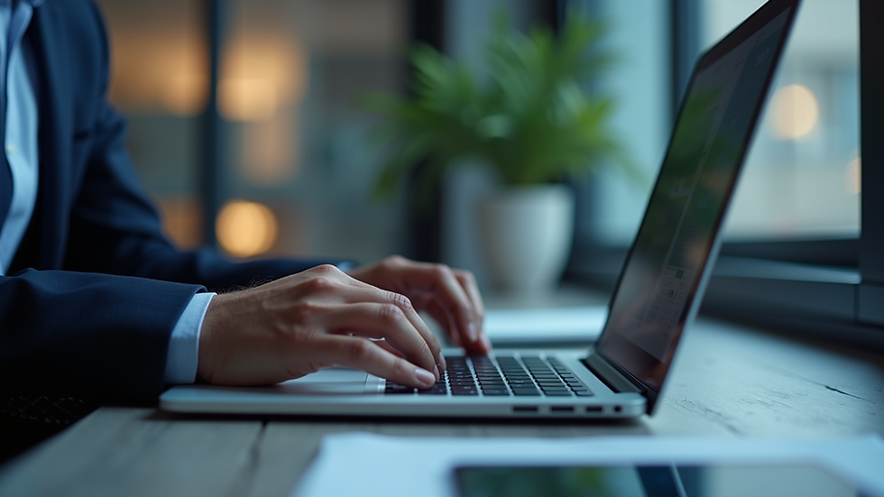 Eye-level view of a business professional analyzing data on a laptop