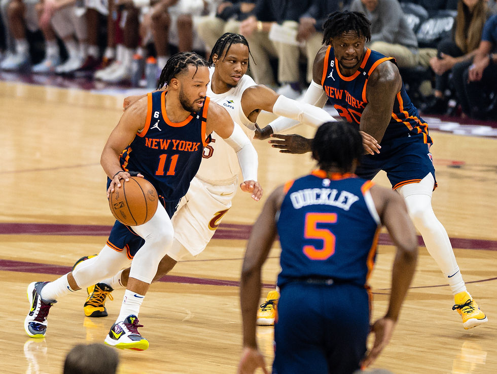 Jalen Brunson drives to the basket during the 2023 NBA Playoffs. Photo by Erik Drost via Wikimedia Commons, licensed under CC BY 2.0.