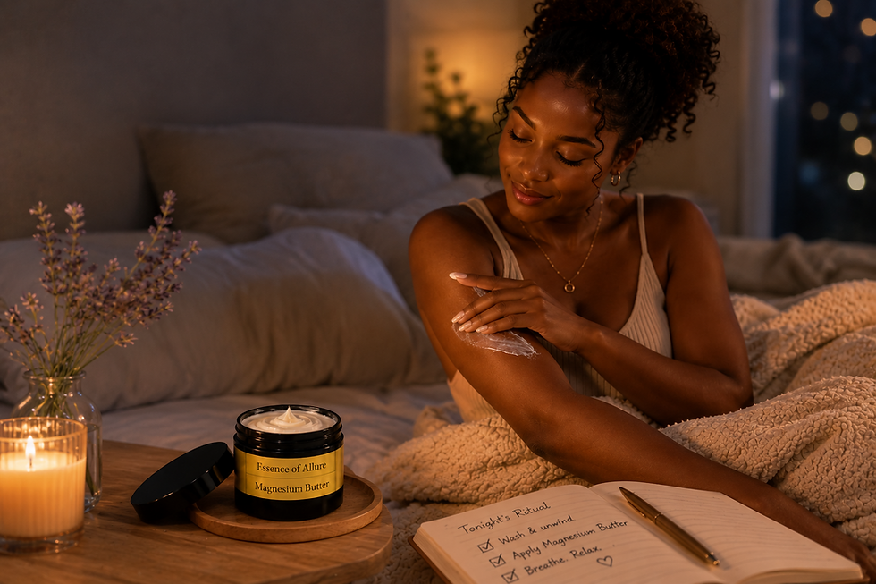 A woman is using Essence of Allure Magnesium Butter