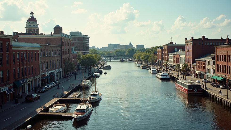 High angle view of historic downtown Wilmington with riverfront and boats