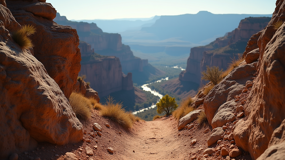 High angle view of a steep rocky trail with expansive canyon views in the background