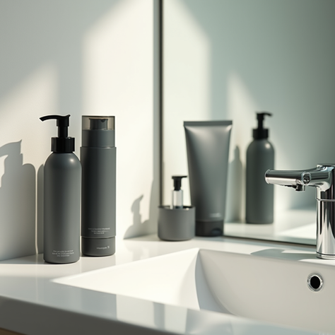 Essential skincare products for men displayed on a bathroom shelf