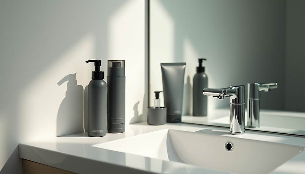 Essential skincare products for men displayed on a bathroom shelf