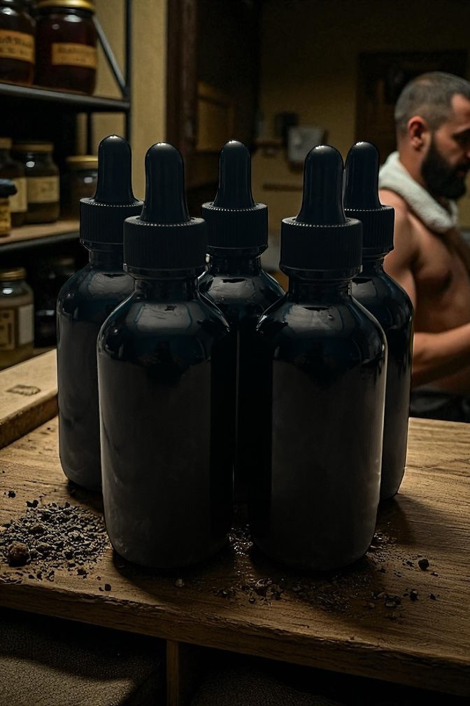 Thumbnail: Dark dropper bottles on wood with scattered herbs