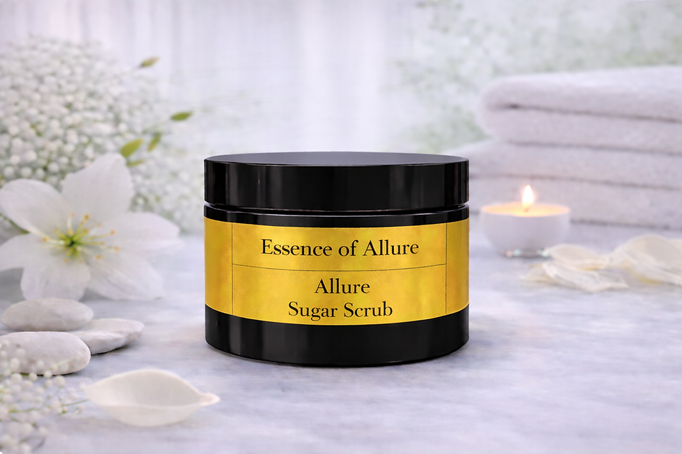 Essence of Allure Sugar Scrub jar with white flowers and candle