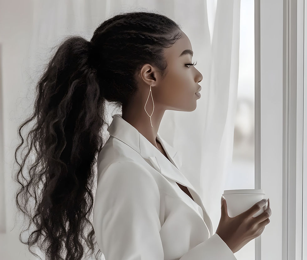 Beautiful black woman with a long curly ponytail, wearing a suit holding a tea cup looking out of the window