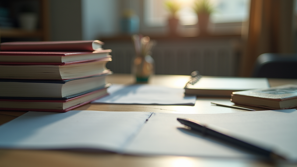 eye-level view of study desk with textbooks and notes