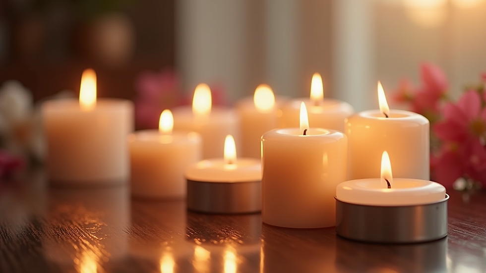 Eye-level view of a beautifully arranged collection of scented candles