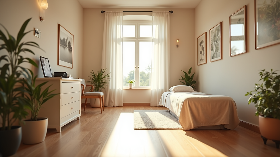 Eye-level view of a cozy wellness clinic room with natural light