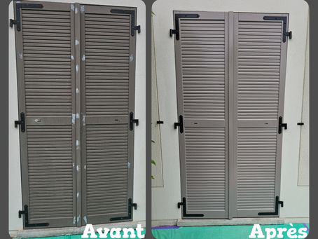 Avant / Après rénovation peinture volets Orsay Essonne 91 par De Miras Peinture – protection bois et finition professionnelle.