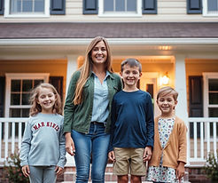 mom with four kids standing in front of house with mortgage.jpg